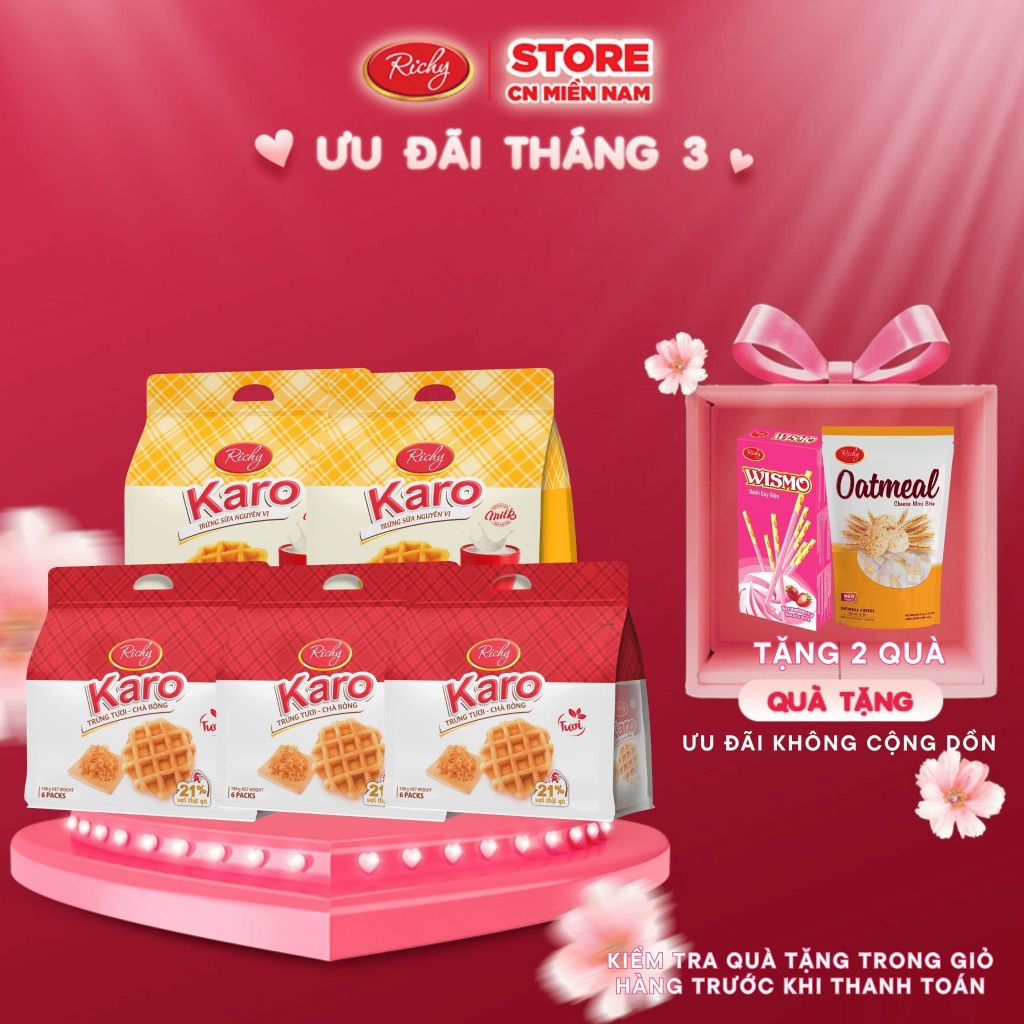 [VỊ SỮA MỚI] Combo 5 bịch bánh Karo chà bông sợi gà, Bánh ăn sáng, Bánh kẹo Richy, HSD 45 ngày
