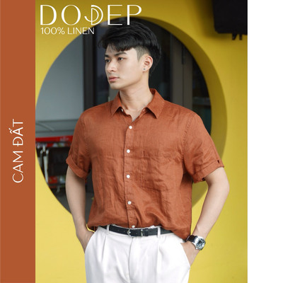 DODEP Áo sơ mi nam linen 100% tay ngắn