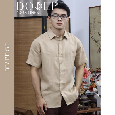 DODEP Áo sơ mi nam linen 100% tay ngắn