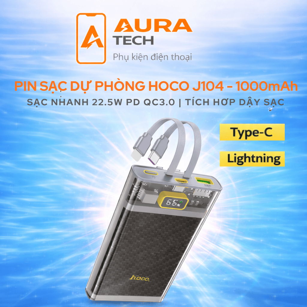 PIN SẠC DỰ PHÒNG HOCO J104 - 10000mAh | SẠC NHANH 22.5W PD QC3.0 | TÍCH HỢP DÂY SẠC