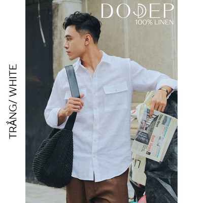DODEP Áo sơ mi nam linen 100% tay dài túi đắp