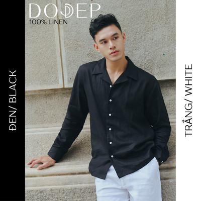 DODEP Áo sơ mi nam linen 100% tay dài cổ Cuban