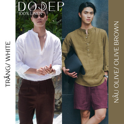 DODEP Áo sơ mi nam linen 100% tay dài Cổ trụ xẻ
