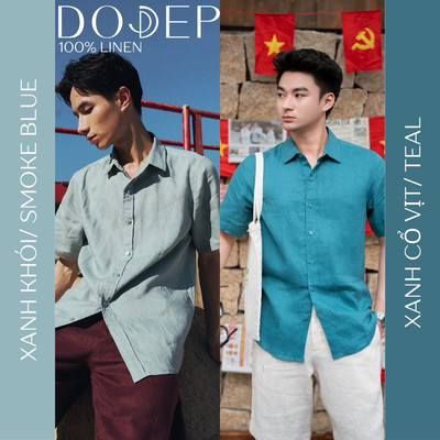 DODEP Áo sơ mi nam linen 100% tay ngắn