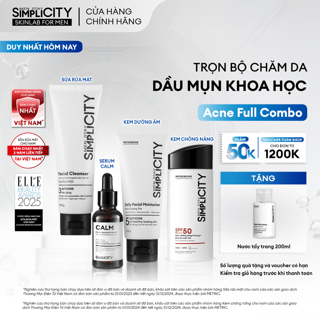 Combo Acne Full Combo trọn bộ chăm da dầu mụn khoa học Men Stay Simplicity