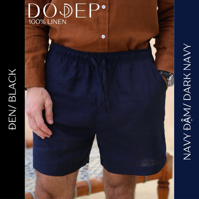 DODEP Quần shorts nam linen 100% Relaxed fit lưng thun