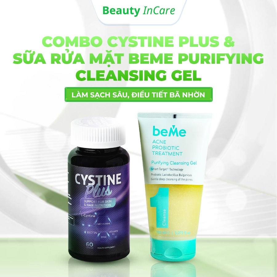 COMBO Cystine Plus và Sữa Rửa Mặt BeMe Purifying Cleansing Gel - Làm Sạch Sâu, Điều Tiết Bã Nhờn