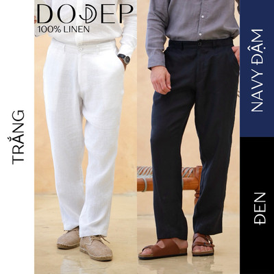 DODEP Quần dài nam linen 100% Regular Fit lưng thun