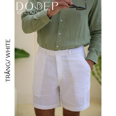 DODEP Quần shorts nam linen 100% lưng thun