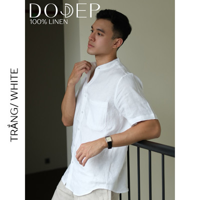DODEP Áo sơ mi nam linen 100% tay ngắn cổ trụ