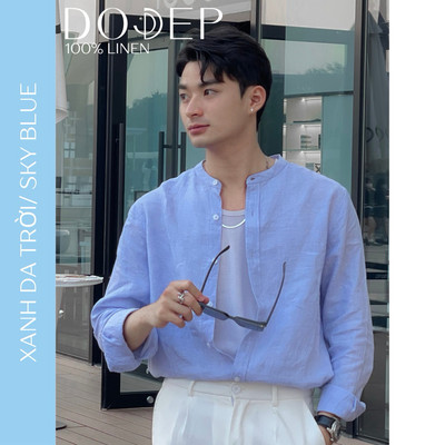 DODEP Áo sơ mi nam linen 100% tay dài cổ trụ
