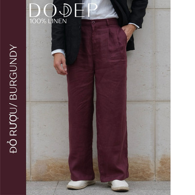 DODEP Quần dài nam linen 100% Loose Fit ống rộng Không thun