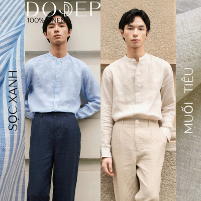 DODEP Áo sơ mi nam linen 100% tay dài cổ trụ