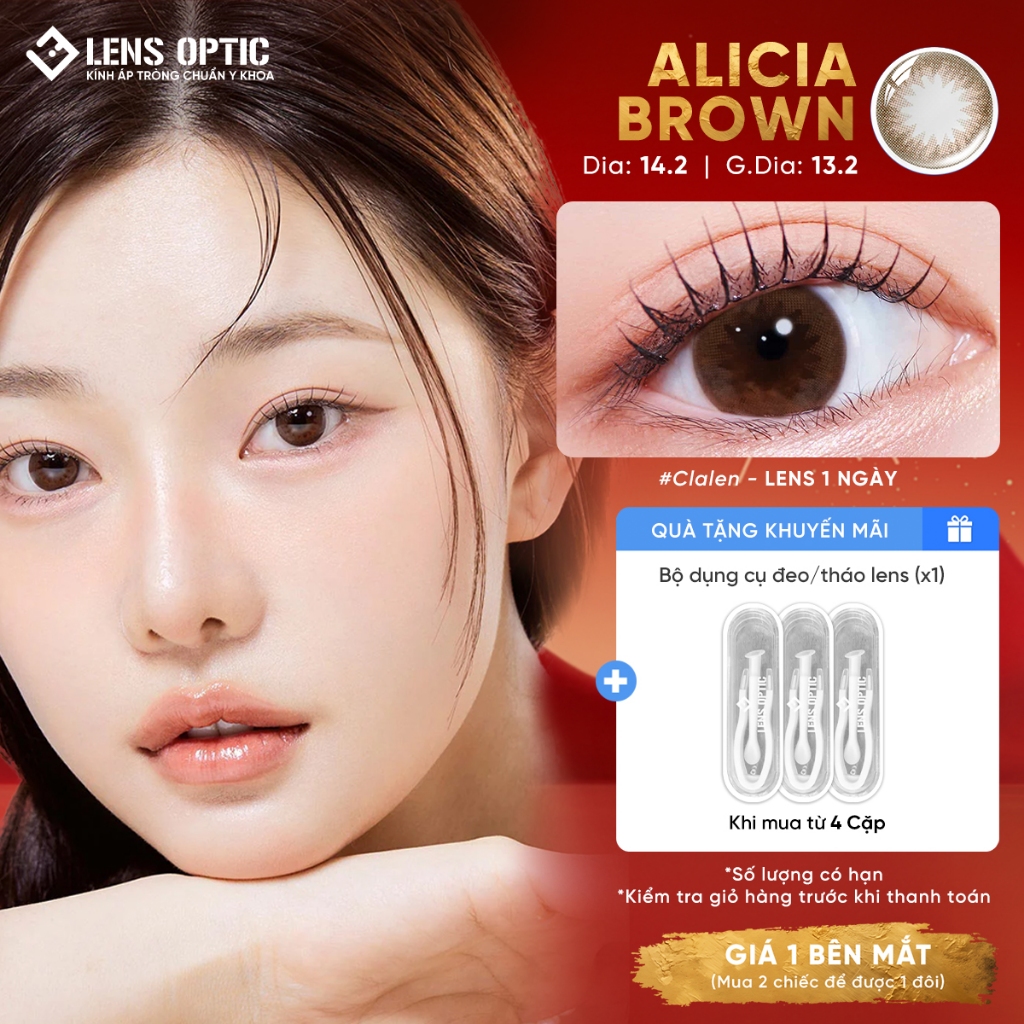 Kính Áp Tròng Lens Optic Màu Nâu Alicia Brown Clalen Iris 1 Ngày Chống Tia UV Có Độ