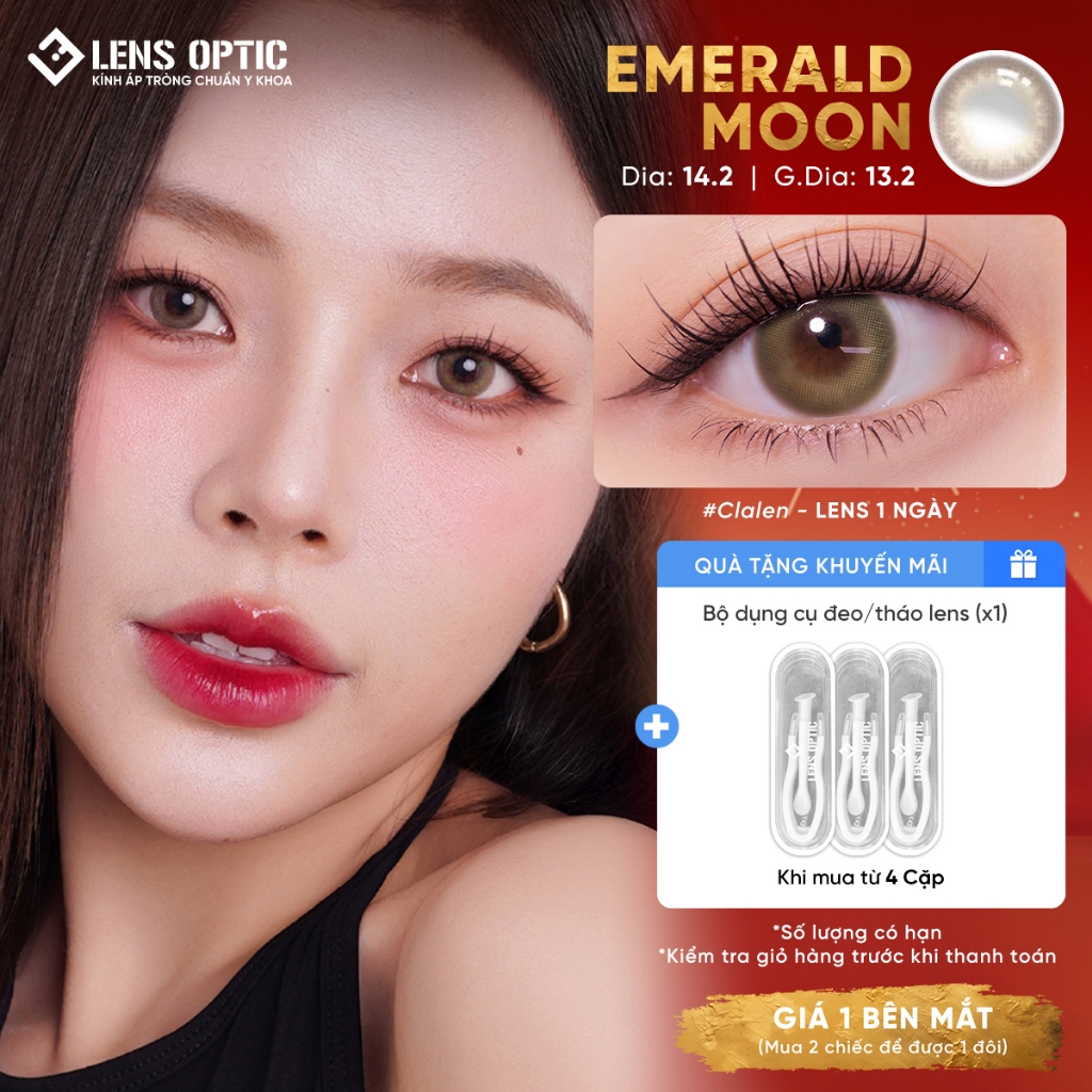 Kính Áp Tròng Lens Optic Màu Xanh Lục Emerald Moon Clalen Iris 1 Ngày Chống Tia UV DIA 14.2mm Có Độ/ Không Độ Cận