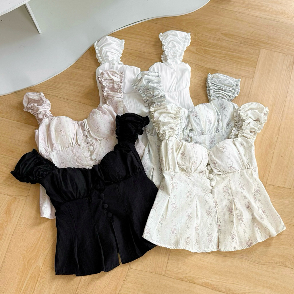 (Sẵn Mút) Áo Hoa Babydoll Nữ Nút Bọc Tay Bồng Dáng Xoè Chiết Eo Lưng Bo Chun | BigBuy360 - bigbuy360.vn
