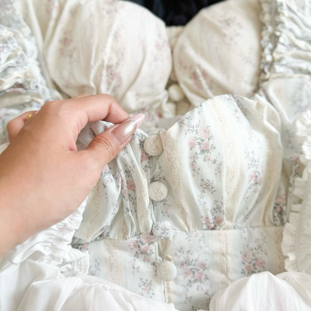 (Sẵn Mút) Áo Hoa Babydoll Nữ Nút Bọc Tay Bồng Dáng Xoè Chiết Eo Lưng Bo Chun | BigBuy360 - bigbuy360.vn