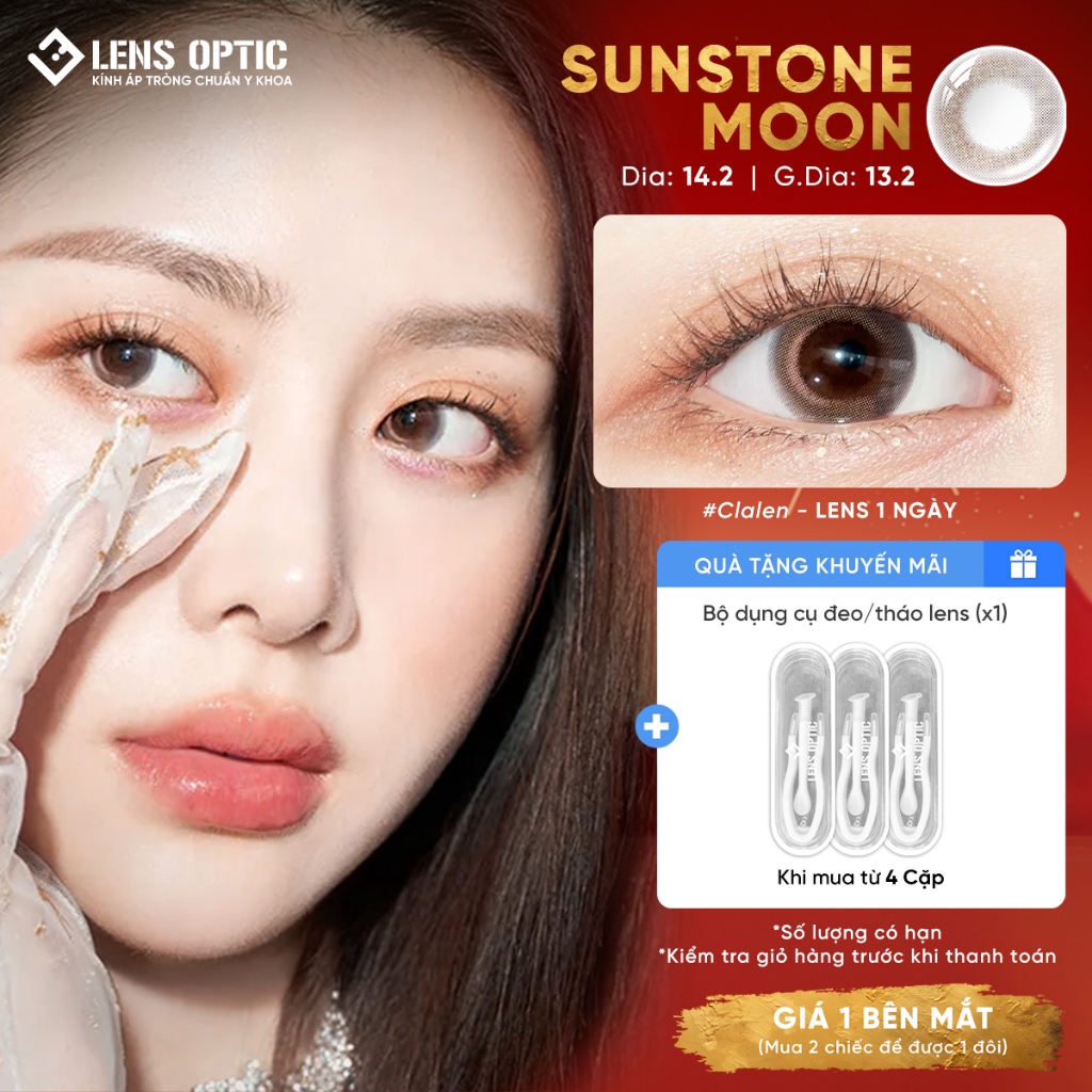 Kính Áp Tròng Lens Optic Màu Nâu Champagne Sunstone Moon Clalen Jewel 1 Ngày Chống UV DIA 14.2mm Có 