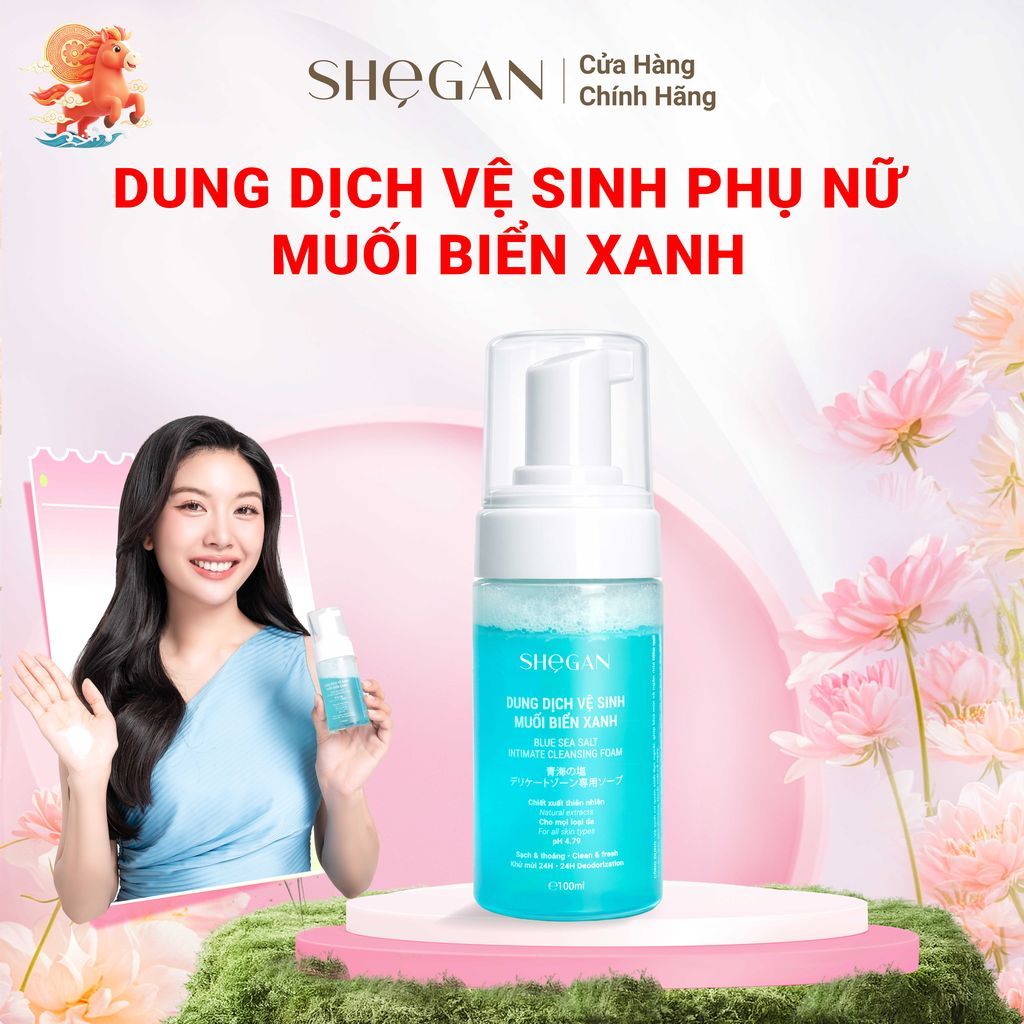 Dung Dịch Vệ Sinh Phụ Nữ, Thuần Chay, Chai Tạo Bọt Tự Động Muối Biển Xanh SHeGAN 100ml - Làm Sạch, Khử Mùi