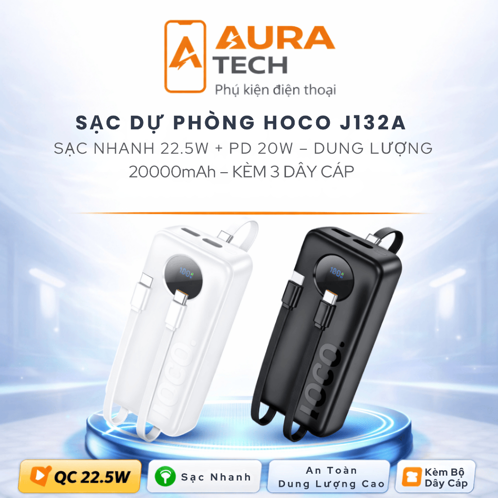 Sạc Dự Phòng Hoco J132A – Sạc Nhanh 22.5W + PD 20W – Dung Lượng 20000mAh – Kèm 3 Dây Cáp – Màn Hình 