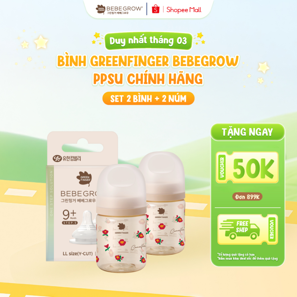 [Combo 2 Bình PPSU + 2 Núm] Bình PPSU Greenfinger Bebegrow cho bé nhựa PPSU an toàn, chịu nhiệt tốt 
