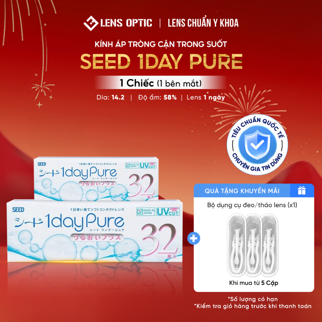 Kính Áp Tròng Cận Thị Lens Optic Trong Suốt 1 Ngày SEED Pure Chuẩn Y Tế, Siêu Mỏng Nhẹ Chống Tia UV Có Độ