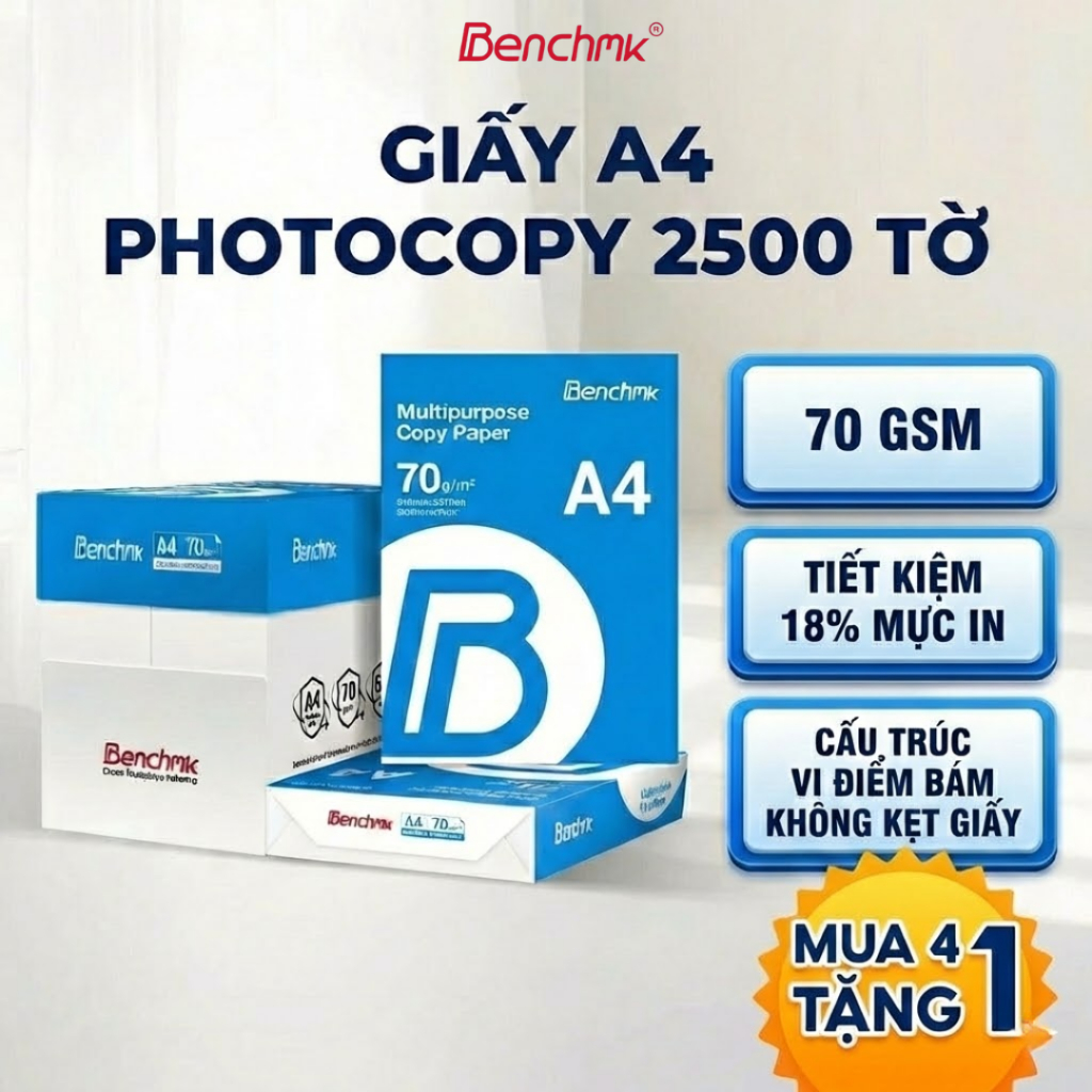 [Mua 4 Tặng 1] Giấy A4 70gsm Benchmk Cao Cấp - In Tài Liệu Hợp Đồng Văn Phòng Không Kẹt Giấy Không Lem Tiết Kiệm Mực