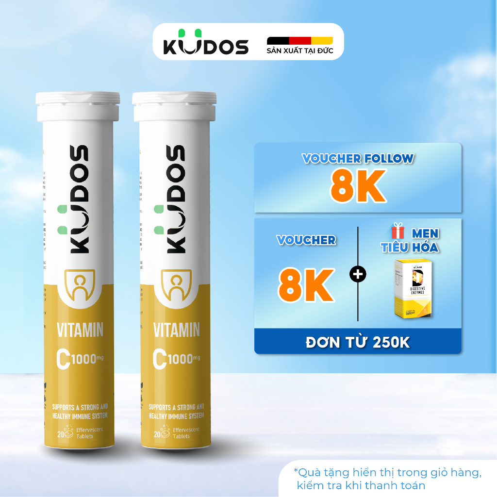 Combo 2 Tuýp Thực phẩm bảo vệ sức khỏe KUDOS VITAMIN C 1000 MG hương chanh (20 viên/tuýp)