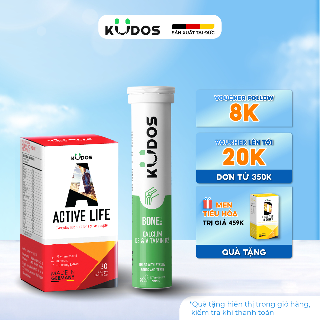 Combo Thực phẩm bảo vệ sức khỏe KUDOS ACTIVE LIFE 30 viên/hộp + KUDOS BONE HEALTH CALCIUM, D3 & VITA