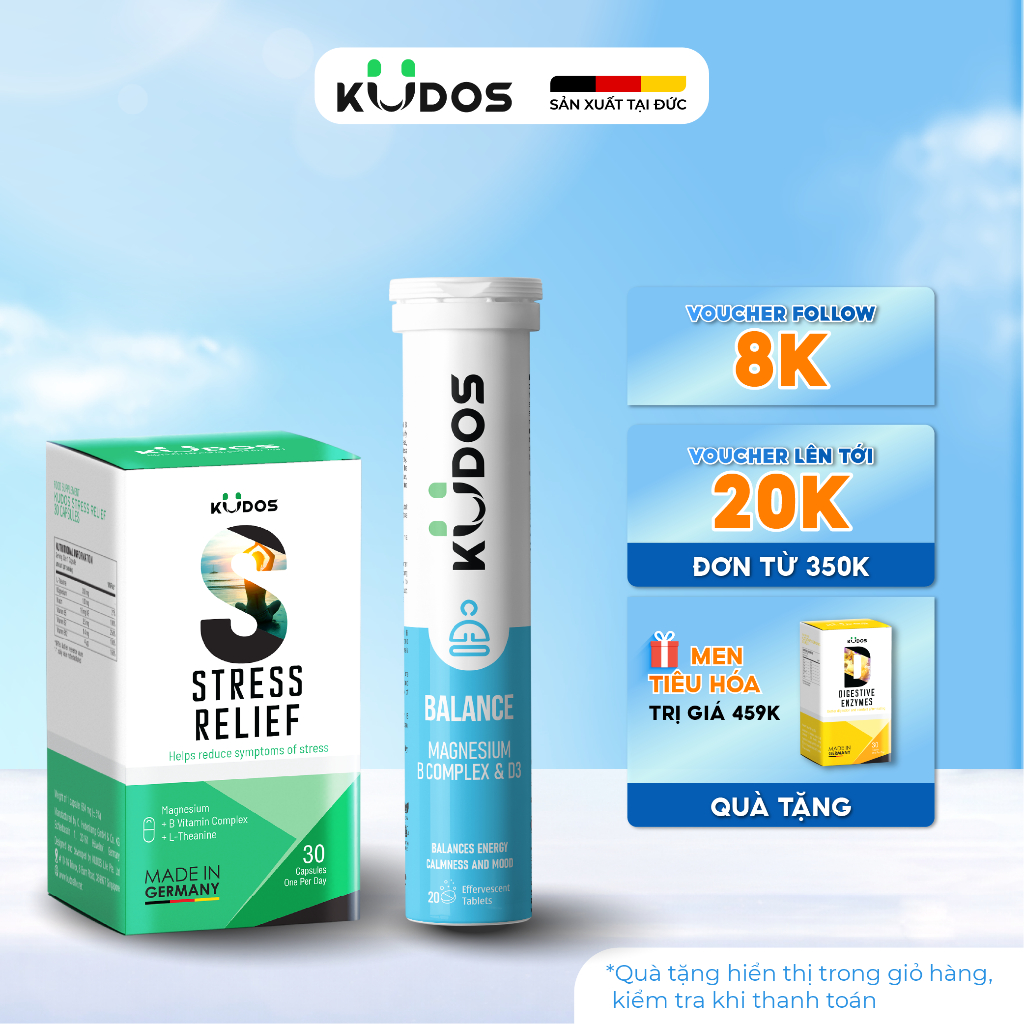 Combo Thực phẩm Bảo Vệ Sức Khỏe KUDOS STRESS RELIFE 30v + KUDOS BALANCE MAGNESIUM WITH B VITAMIN COM