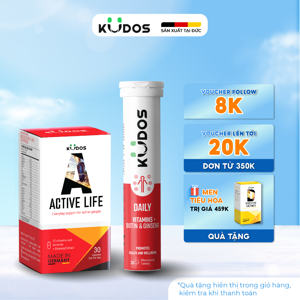 Combo Thực Phẩm Bảo Vệ Sức Khỏe KUDOS ACTIVE LIFE 30 viên/hộp + KUDOS DAILY VITAMINS PLUS BIOTIN & G