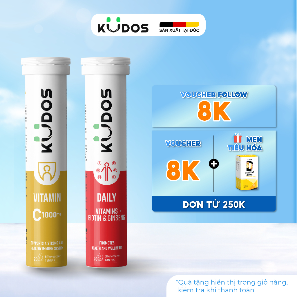 Combo Thực phẩm bảo vệ sức khỏe KUDOS DAILY VITAMINS PLUS BIOTIN & GINSENG + KUDOS VITAMIN C 1000MG 