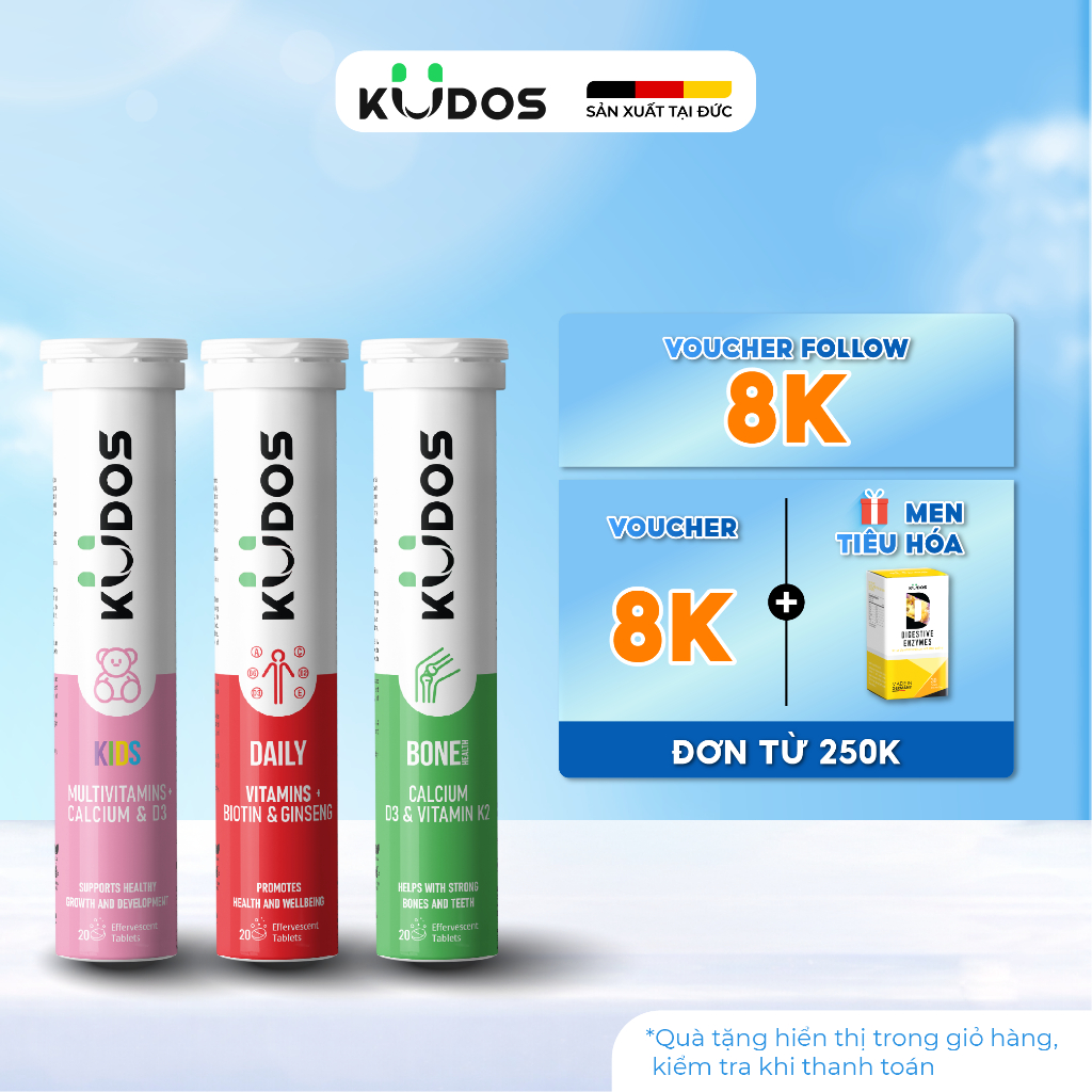Combo Thực phẩm bảo vệ sức khỏe KUDOS KIDS + Viên Sủi KUDOS BONE + Viên Sủi KUDOS DAILY (20 viên/tuý