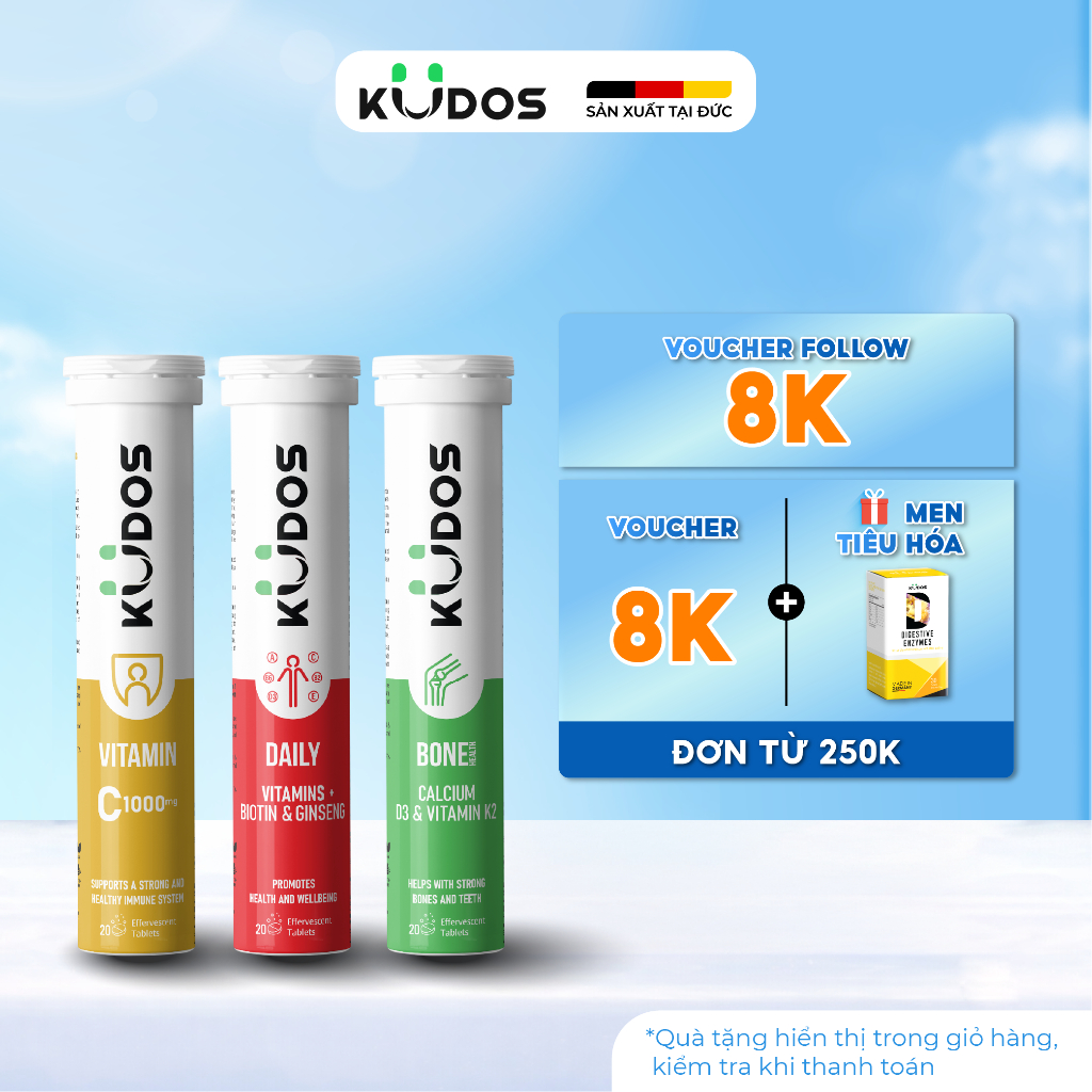 Combo 3 Thực phẩm bảo vệ sức khỏe KUDOS VITAMIN C 1000MG + Viên Sủi KUDOS BONE + Viên Sủi KUDOS DAIL
