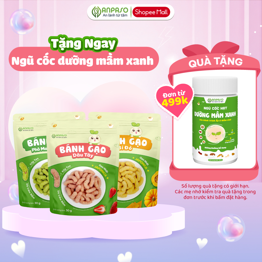 Bánh gạo ăn dặm cho bé Anpaso - Bánh gạo dạng que vị phô mai rau xanh, bí đỏ và dâu tây