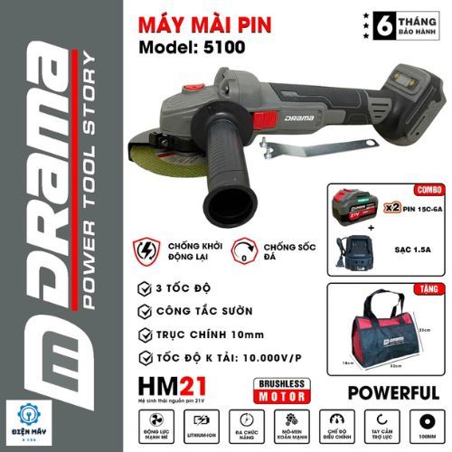 Máy mài pin DRAMA 5100 Không Chổi Than ,Chống sốc đá, chống Khởi động lại có Công tắc sườn