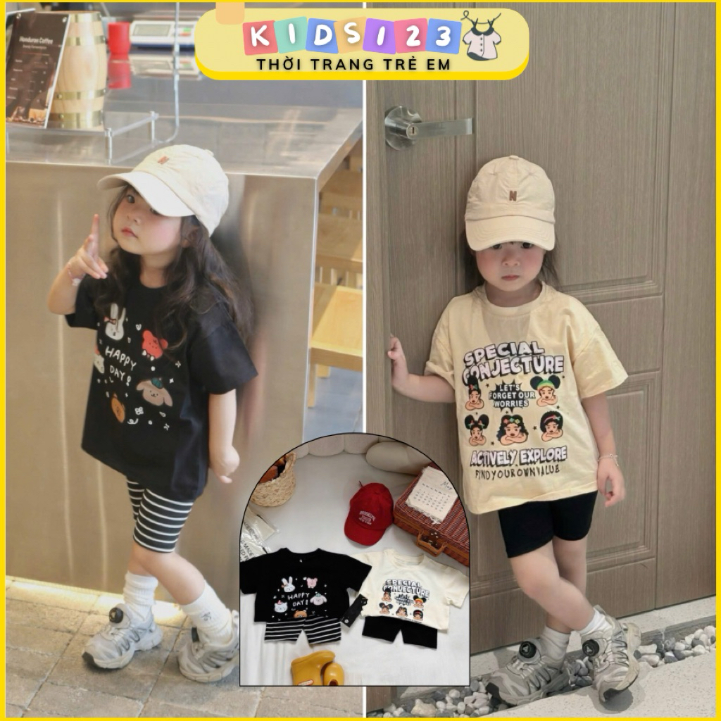 Set 2 bộ Đen&Kem áo cotton kèm quần short co giãn lưng chun tag H2.studio đáng yêu cho bé gái