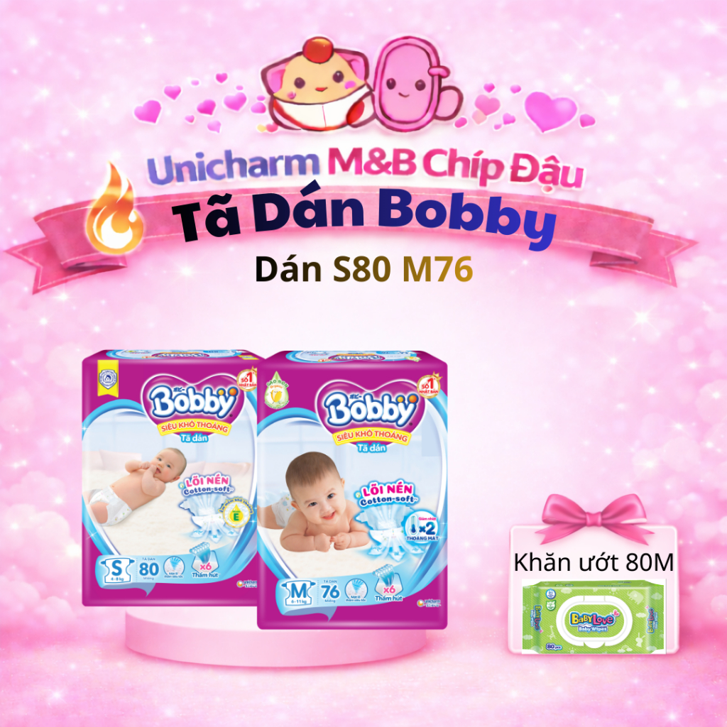 CB 2 Bịch Bobby Tã Dán S80/M76. KM 1 khăn ướt Baby love 80M