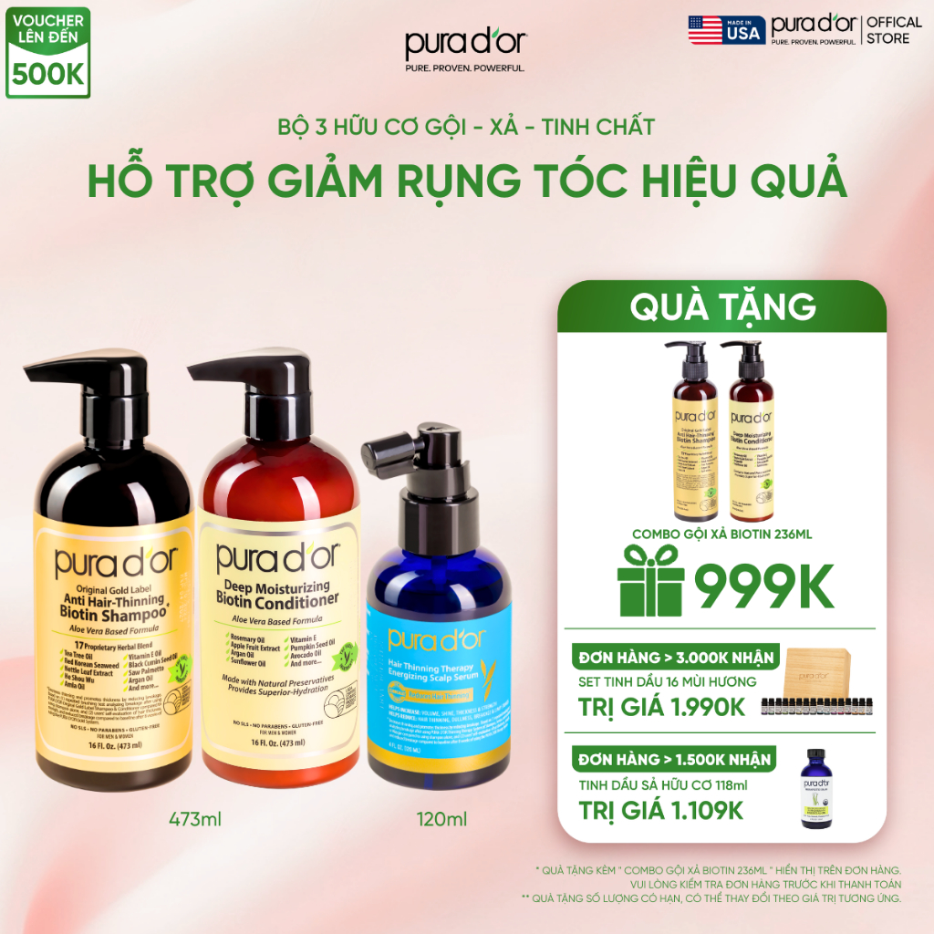 Combo 3 Bước Dầu Gội, Dầu Xả, Giảm Rụng Tóc Organic Pura D'or Biotin Gold Label 236ML/473ML