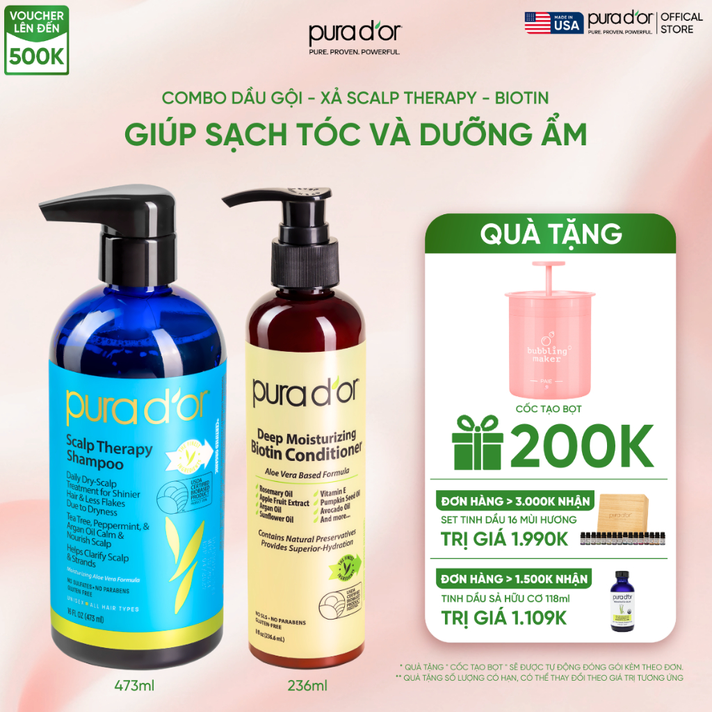 Combo dầu gội dầu xả PURA D'OR Scalp Therapy Dịu da, Sạch tóc và Dưỡng Ẩm