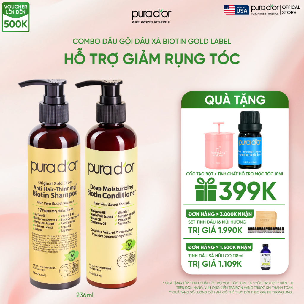 Combo Dầu Gội Dầu Xả Hỗ Trợ Giảm Rụng Tóc, Hỗ Trợ Mọc Tóc Biotin Gold Label PURA D'OR 236ML