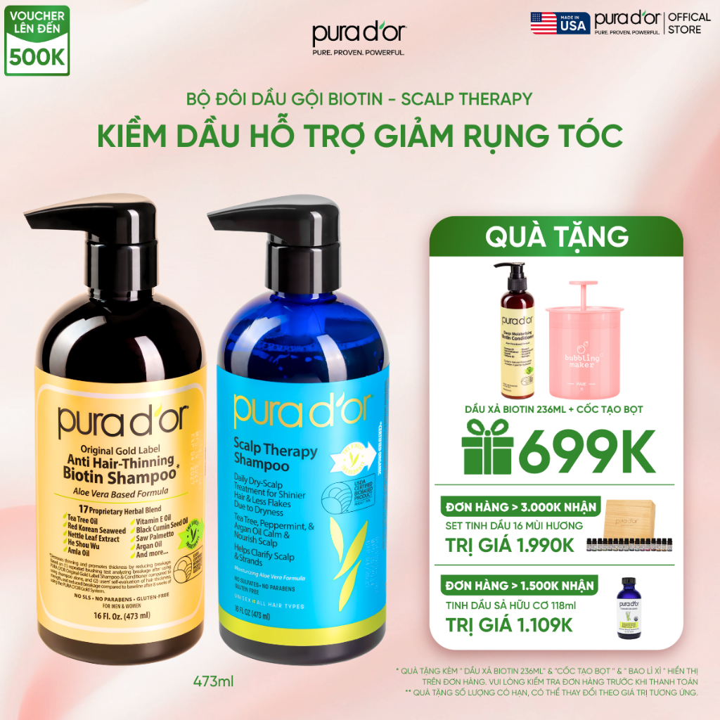 Bộ đôi kiềm dầu, hỗ trợ mọc tóc Pura D'or Original - 473ml