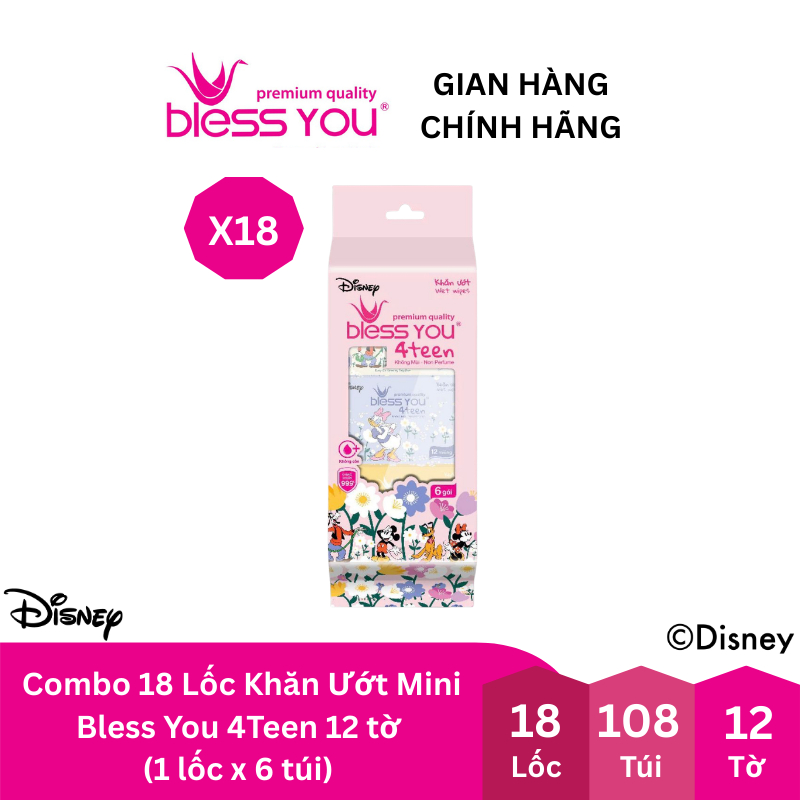 Combo 18 Lốc Khăn Ướt Mini – Bless You 4Teen 12 tờ (1 lốc x 6 túi)