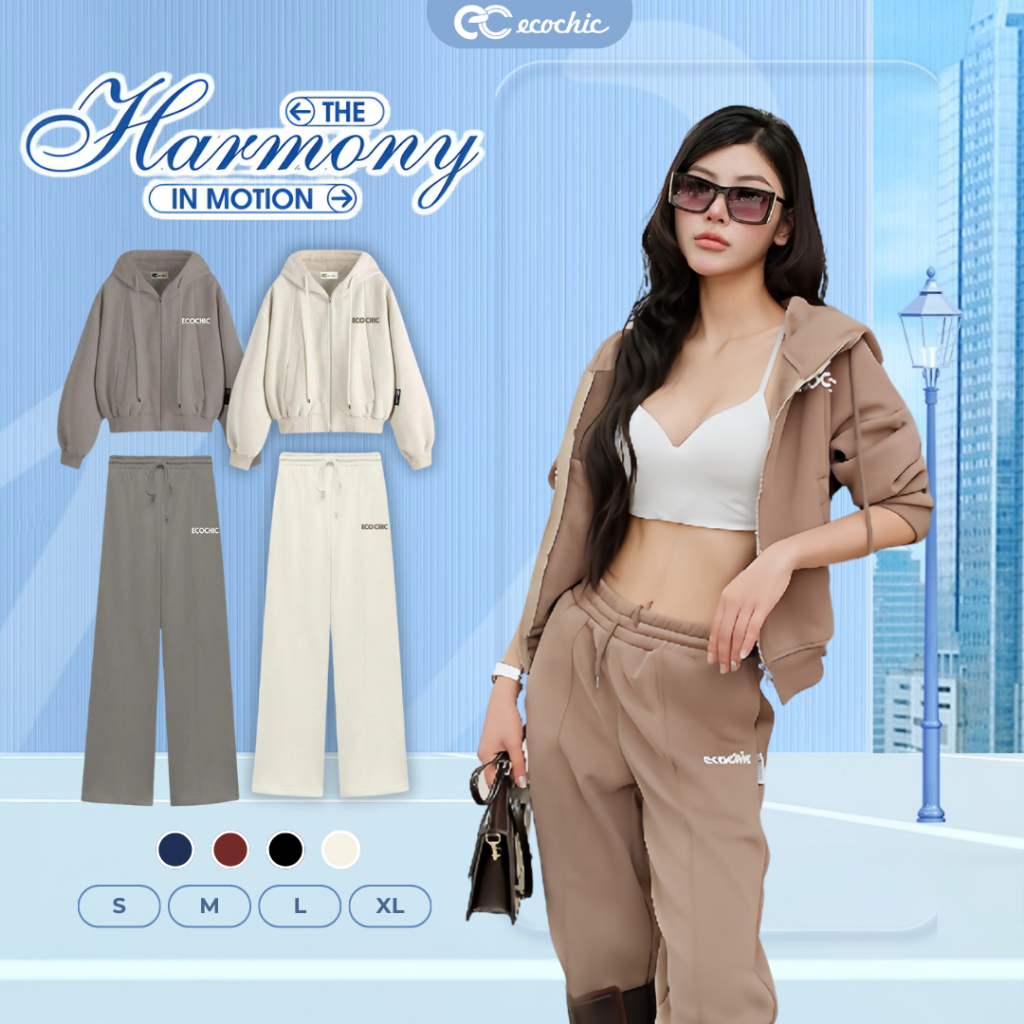 Set Bộ Hoodie Nỉ Lót Lông Ecochic Áo Hoodie Phối Quần Suông Chất Liệu Cao Cấp Chính Hãng B218