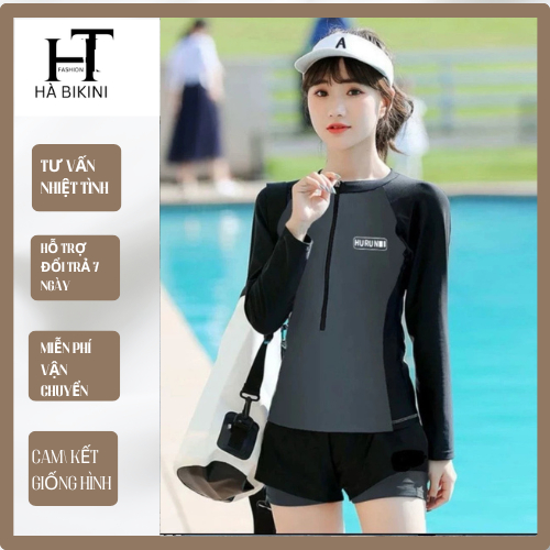 [BKN 016] Đồ Bơi đi biển 2 mảnh quần đùi 2 LỚP XÁM ÁO TAY DÀI dáng thể thao năng động kín đáo HÀ BiKiNi