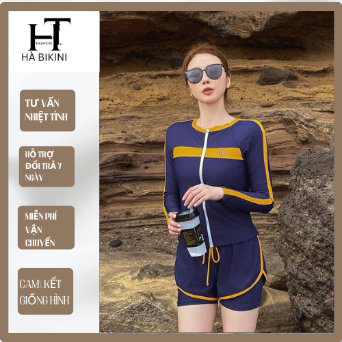 BiKiNi, Đồ Bơi đi biển 2 mảnh quần đùi 2 lớp áo tay dài dáng thể thao năng động kín đáo HÀ BiKiNi [ BKN 016 ]