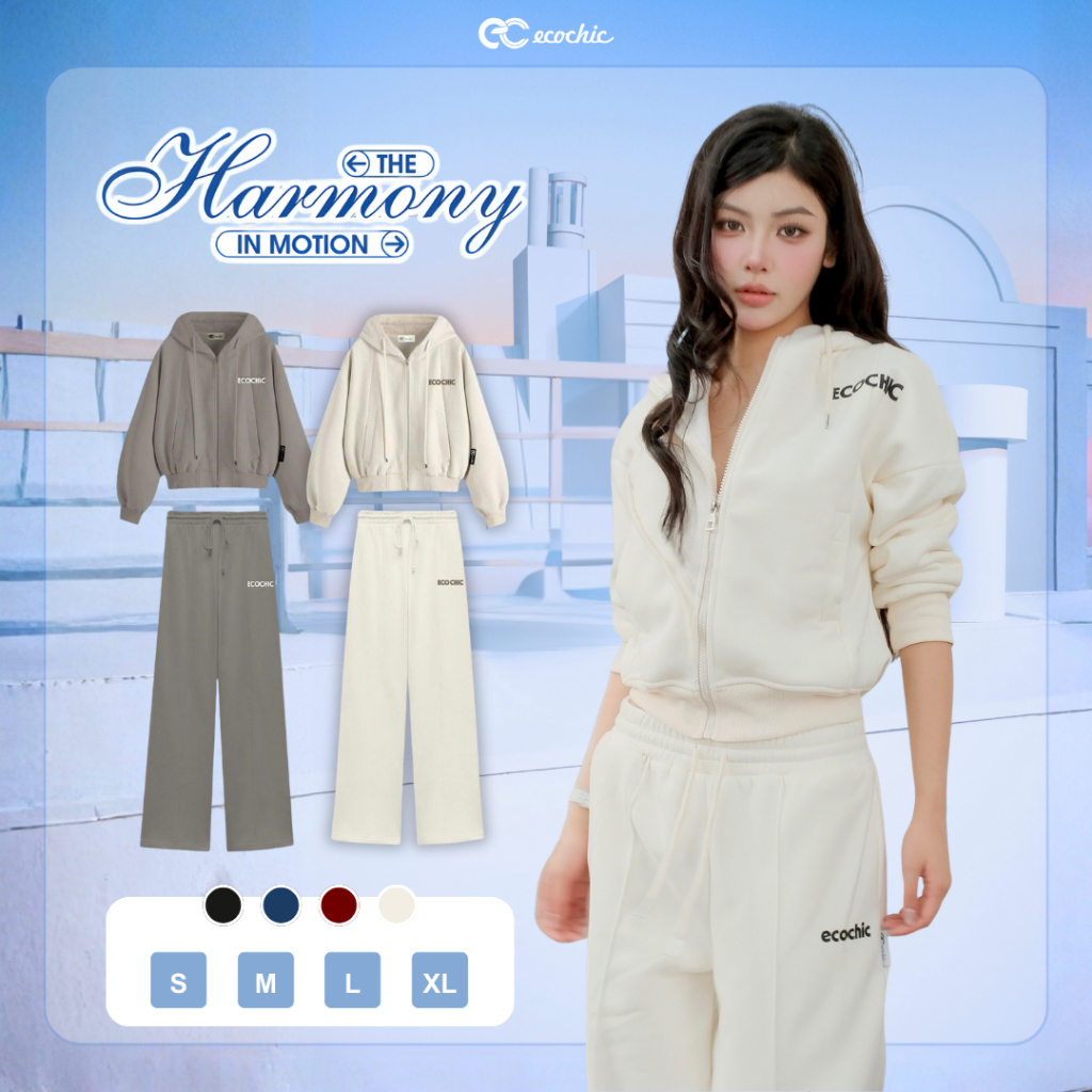 Set Bộ Hoodie Nỉ Lót Lông Ecochic Áo Khoác Phối Mũ Rộng Quần Ống Suông Chất Liệu Cao Cấp B218