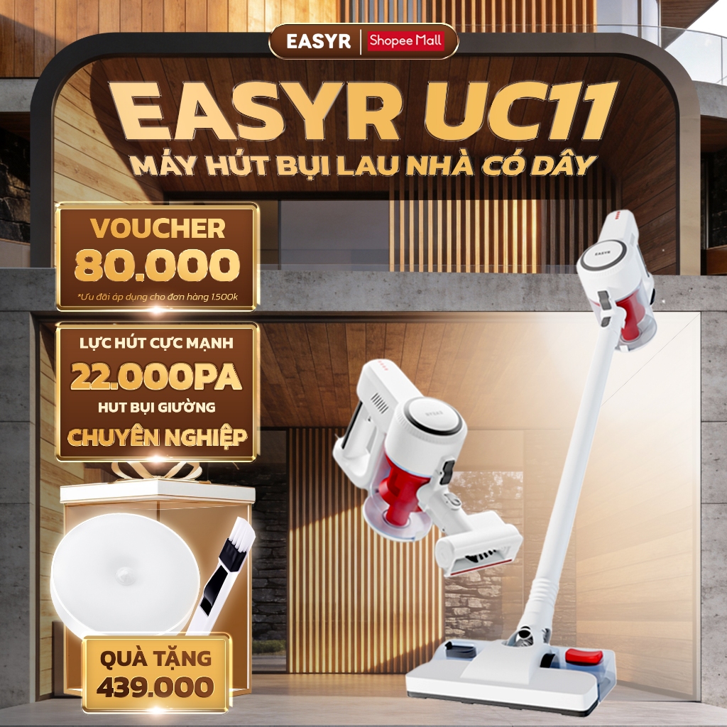 Máy Hút Bụi Lau Nhà EASYR UC11 Cầm Tay Có Dây Lực Hút Tặng Kèm Đầu Hút Giường