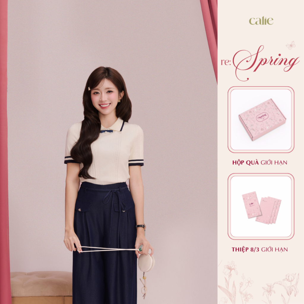 (Re:Spring) Áo len dệt kim cổ viền đen đính nơ rời, chất len mịn, mướt thanh lịch thời trang Calie AKDK217 | BigBuy360 - bigbuy360.vn