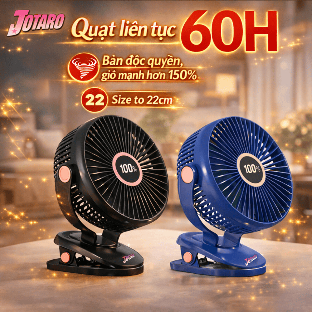 Quạt Tích Điện Kẹp LOẠI TO JOTARO J28 Pin Siêu Trâu 60Giờ, Hiện thị %pin, Dung Lượng Pin lớn, Lồng q